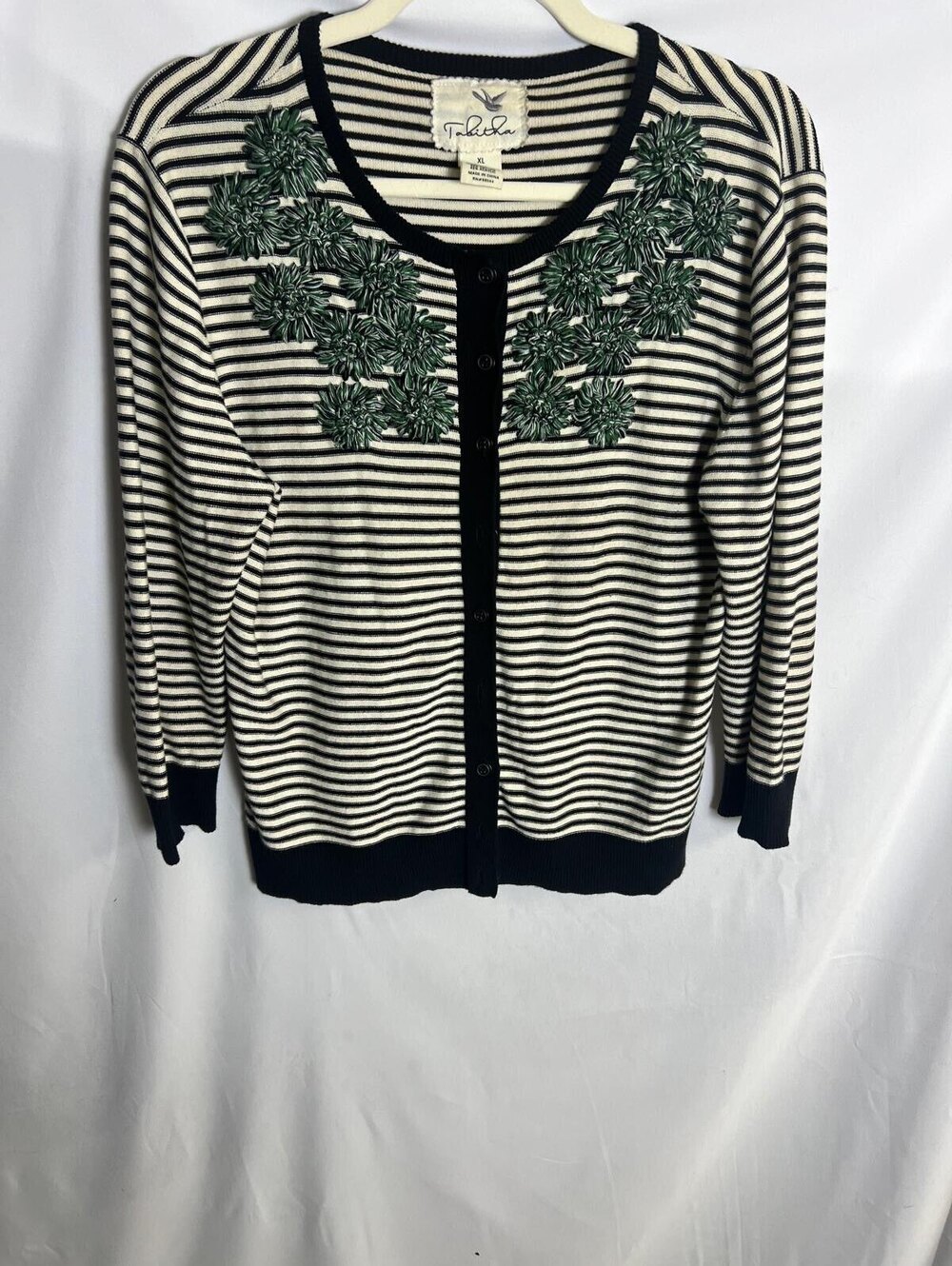 Anthropologie Tabitha Striped Green Floral Appliqué Cardigan XL